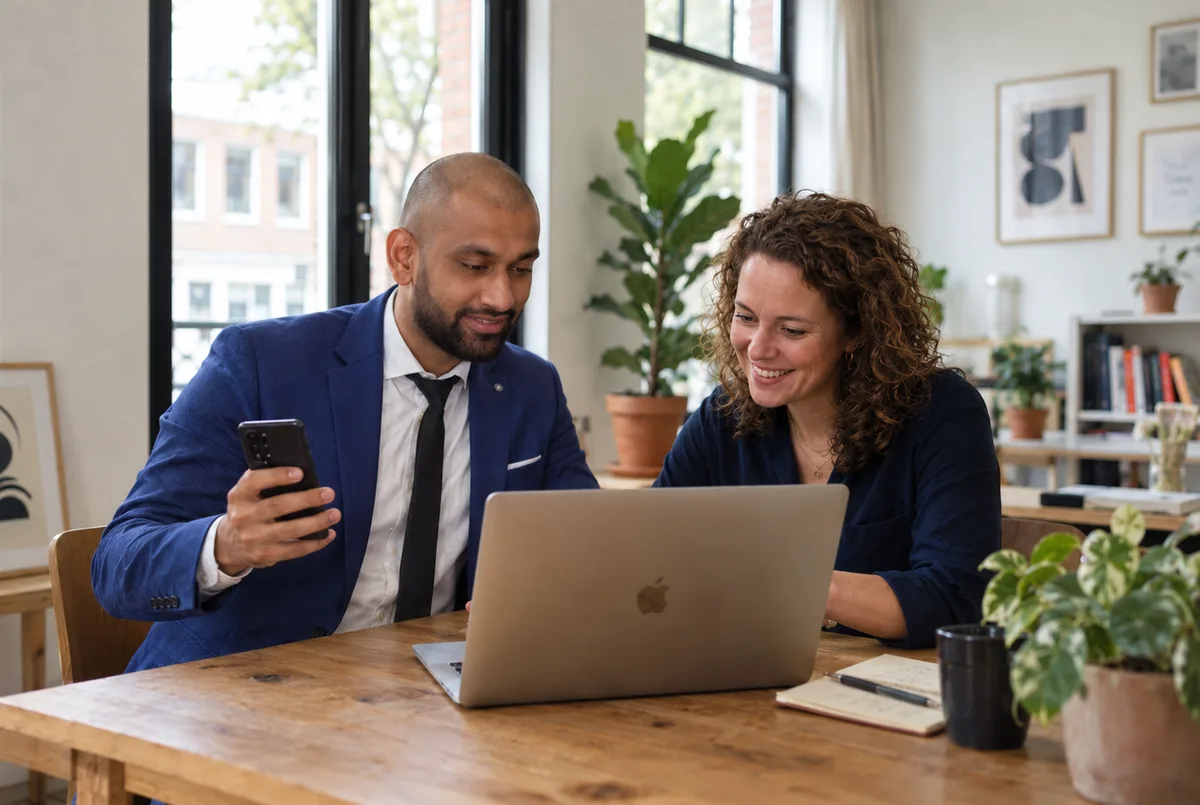 Twee ondernemers bespreken samen een website aan tafel met een laptop