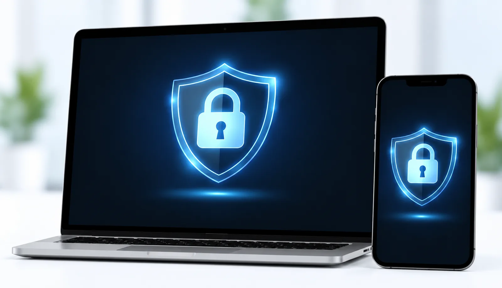Laptop and smartphone showing a security shield with a padlock, symbolising secure maintenance