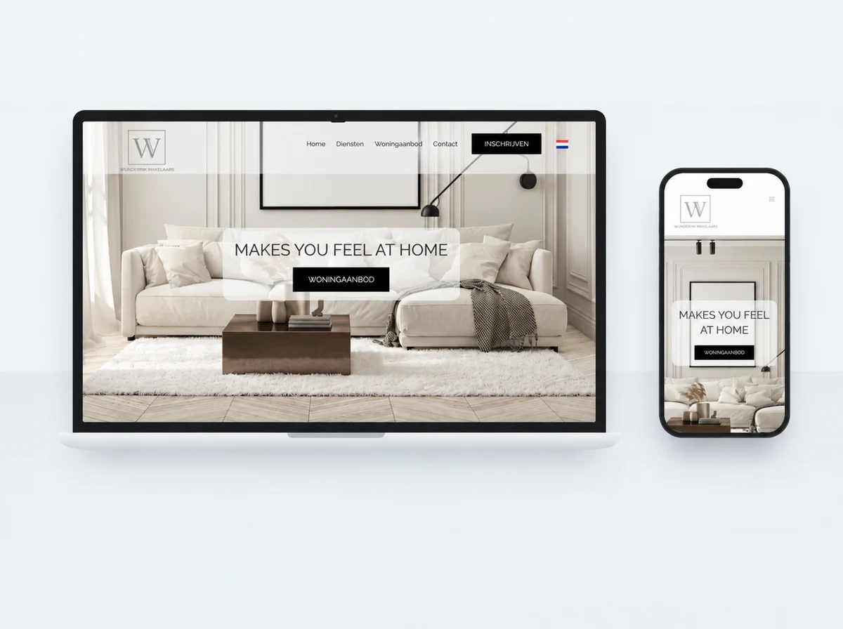 Website van Wunderink Makelaars met woningaanbod op laptop en smartphone